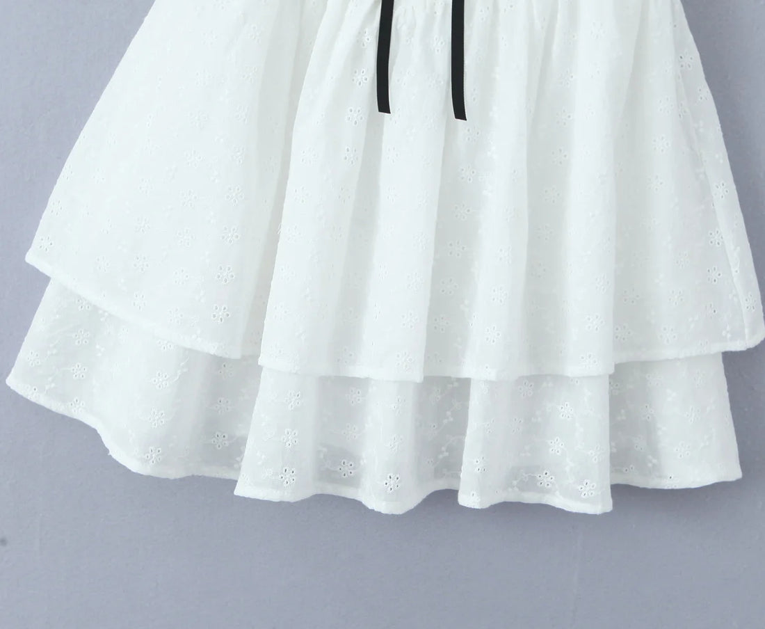 2024 Spliced Lace Embroidery Hollow Out Hole Flower Corset style Mini Dress Women Short Puff Sleeve Party Skater A-line Hem Robe