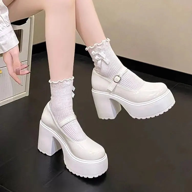 Women's versatile thick heeled shoes Fashion Buckle Pumps Mary Jane Shoes ladies White Lolita Shoe retro leather footwear Mujer