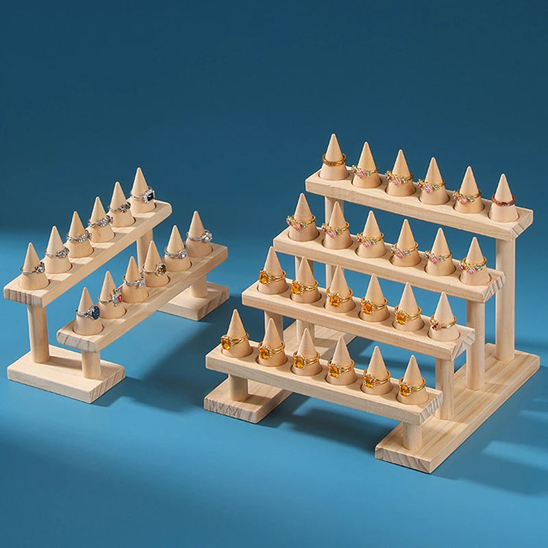Cone Ring Display Holder Jewelry Display Stand Ring Showcase Storage Tray For Counter Shows Wooden Base Shop Decor
