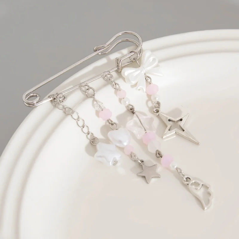 Y2K Gothic Sweet Bow Beaded Tassel Brooch Stylish Paperclip Lapel Pin Waist Buckle Fashion Sneaker Badge Shirt Collar Accessory
