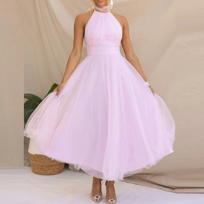 Ball Gown Style Solid Women Party Dress Summer Sexy Gauze High Waist Slim Fit Dress Lady Casual Backless Sleeveless V Neck Dress