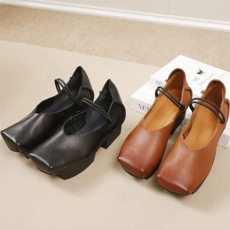 GKTINOO 2025 Spring/Summer New Vintage Real Cowhide Square Toe Women's Shoes Versatile Genuine Leather Middle Heel Pumps