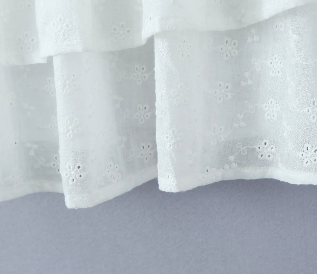 2024 Spliced Lace Embroidery Hollow Out Hole Flower Corset style Mini Dress Women Short Puff Sleeve Party Skater A-line Hem Robe
