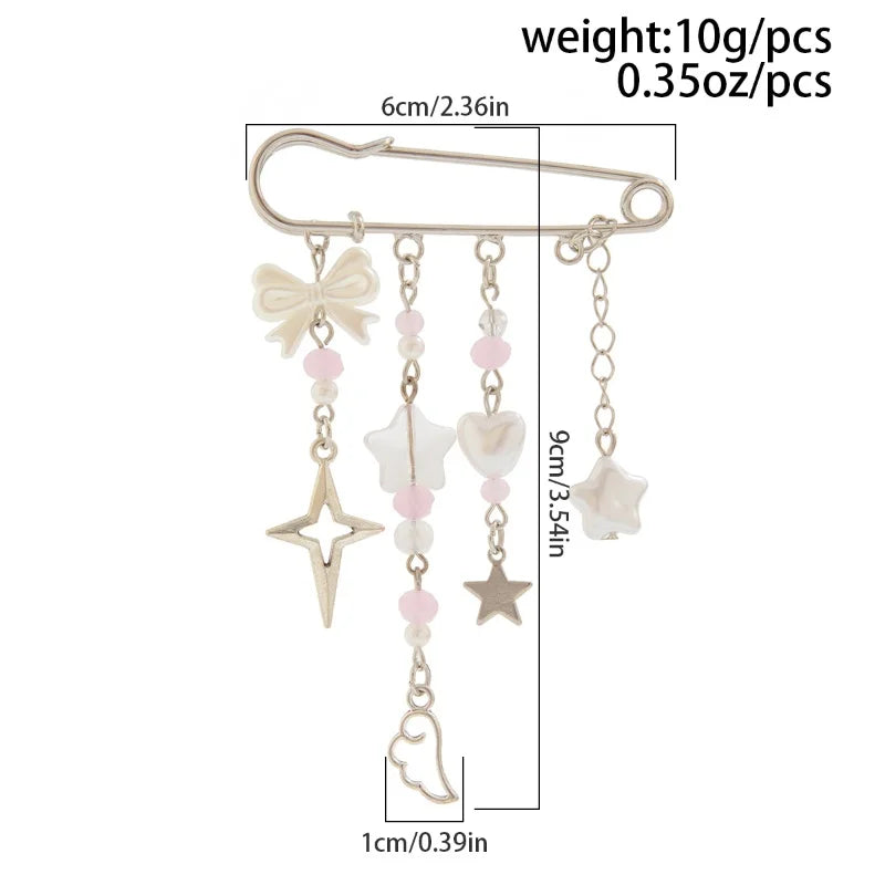 Y2K Gothic Sweet Bow Beaded Tassel Brooch Stylish Paperclip Lapel Pin Waist Buckle Fashion Sneaker Badge Shirt Collar Accessory
