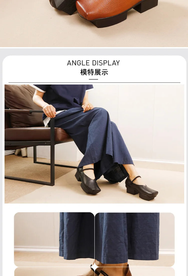 GKTINOO 2025 Spring/Summer New Vintage Real Cowhide Square Toe Women's Shoes Versatile Genuine Leather Middle Heel Pumps