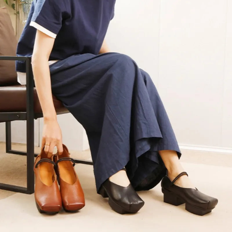 GKTINOO 2025 Spring/Summer New Vintage Real Cowhide Square Toe Women's Shoes Versatile Genuine Leather Middle Heel Pumps