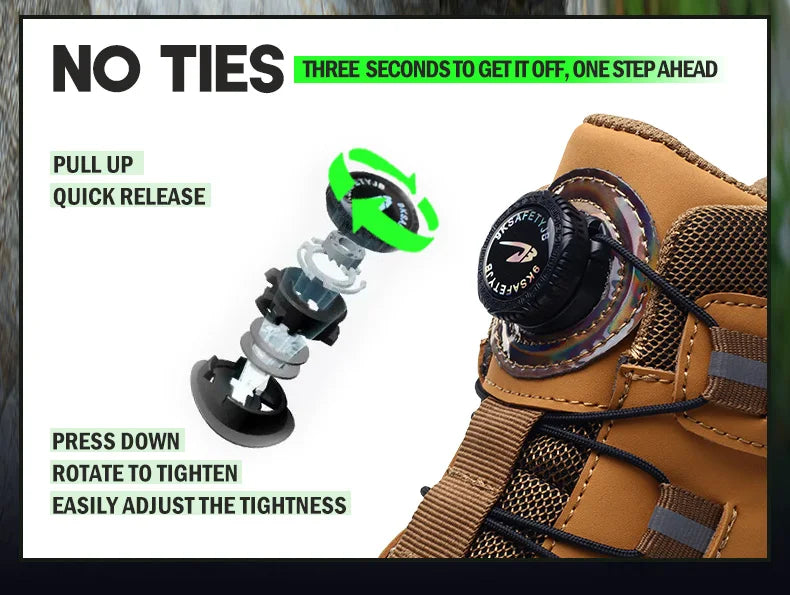 Safety Work Boots For Men Outdoor Hiking Sneaker Anti-smash Indestructible Steel Toe Protection Boots Male Boots Rotating Button