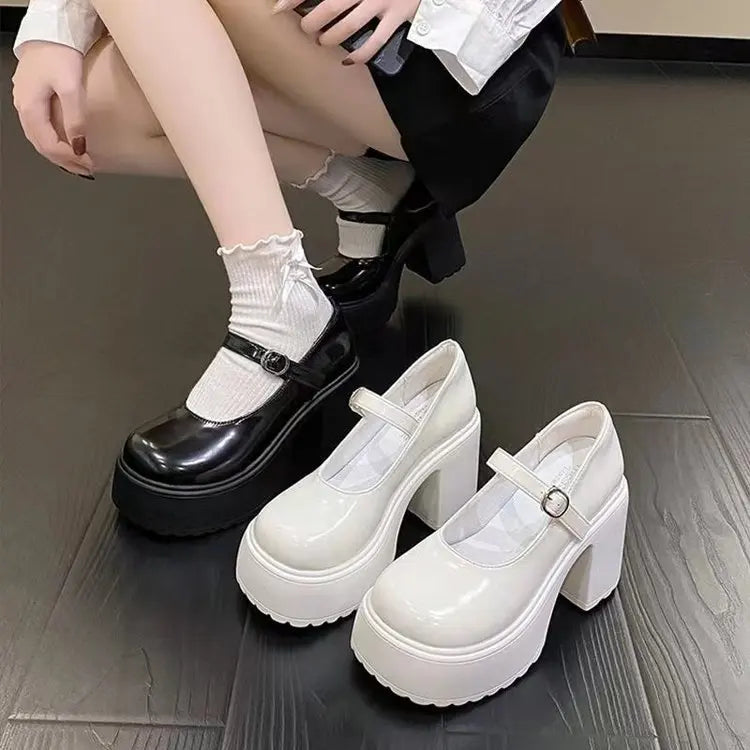 Women's versatile thick heeled shoes Fashion Buckle Pumps Mary Jane Shoes ladies White Lolita Shoe retro leather footwear Mujer