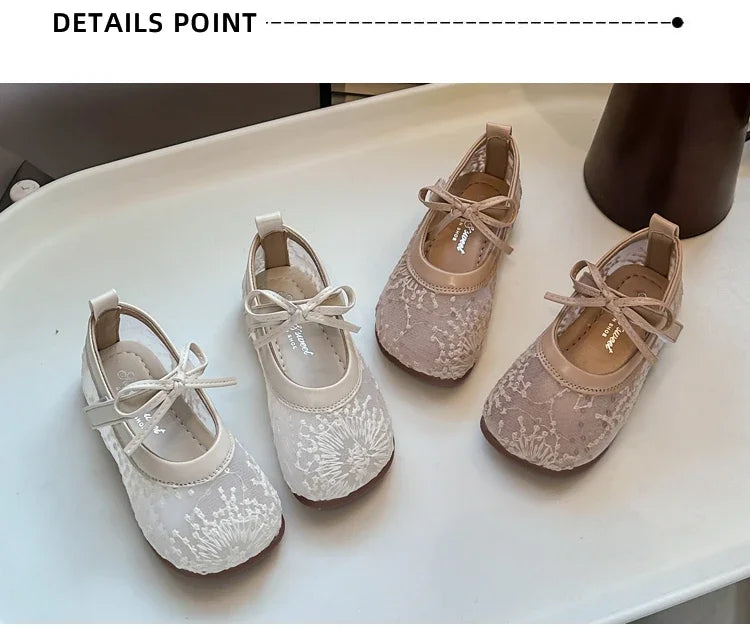Childrens Casual Shoes with Bow Round Toe Non Slip Soft Sole Breathable 2025 New Summer Outdoor Mesh Girls Flat Shoes