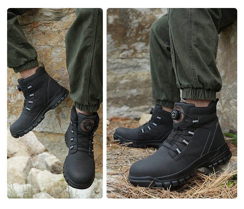 Safety Work Boots For Men Outdoor Hiking Sneaker Anti-smash Indestructible Steel Toe Protection Boots Male Boots Rotating Button