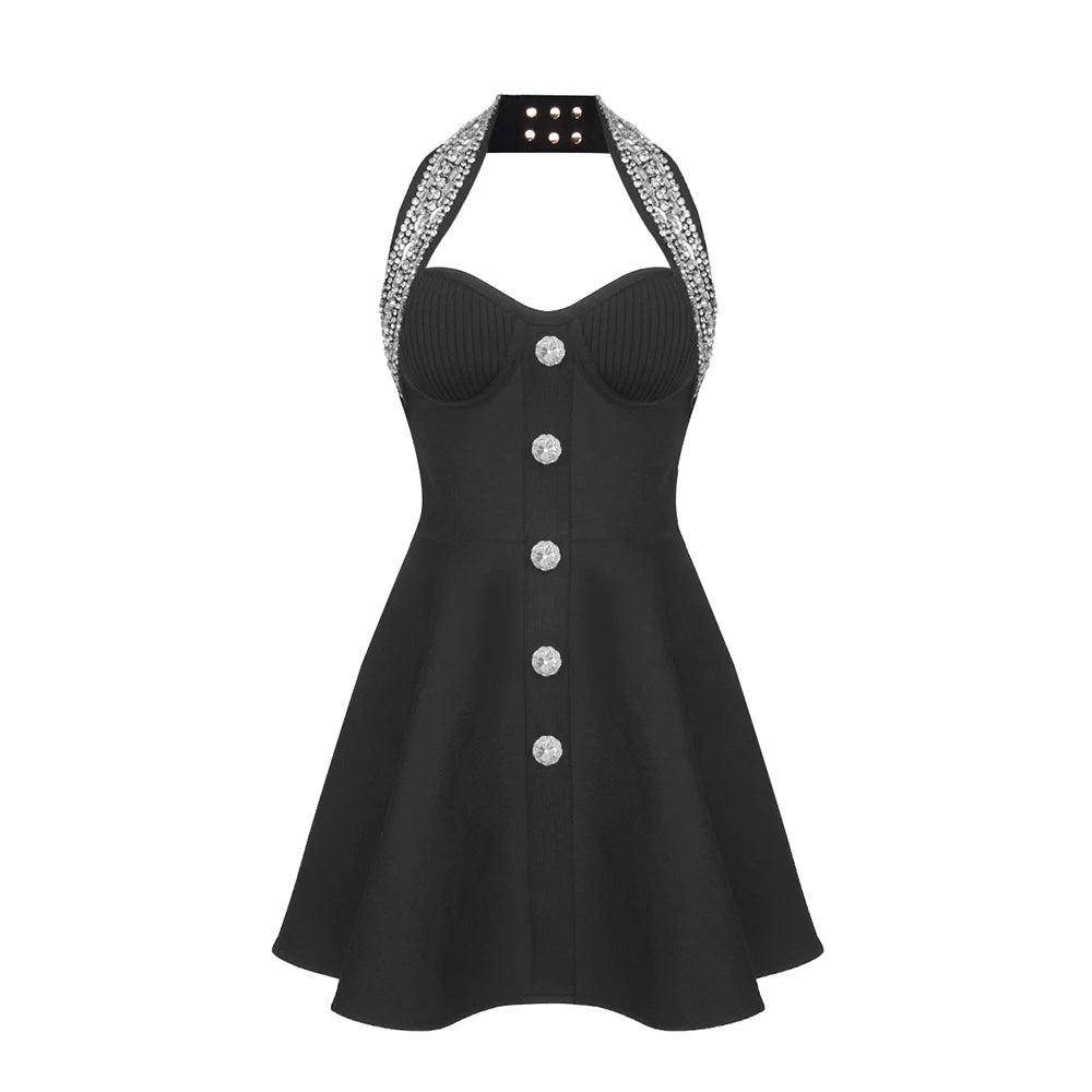 VC Fashion Summer Womens Dresses 2024 Luxury Diamond Halter Sleeveless Black Bandage A-Line Short Dress