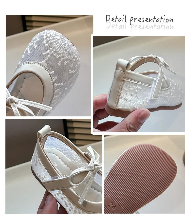 Childrens Casual Shoes with Bow Round Toe Non Slip Soft Sole Breathable 2025 New Summer Outdoor Mesh Girls Flat Shoes