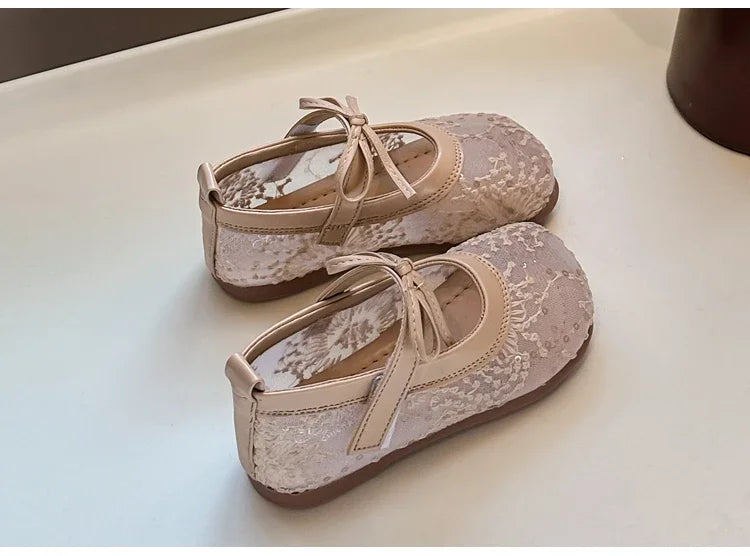 Childrens Casual Shoes with Bow Round Toe Non Slip Soft Sole Breathable 2025 New Summer Outdoor Mesh Girls Flat Shoes