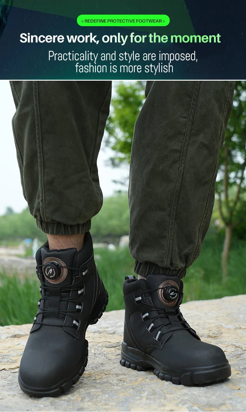 Safety Work Boots For Men Outdoor Hiking Sneaker Anti-smash Indestructible Steel Toe Protection Boots Male Boots Rotating Button