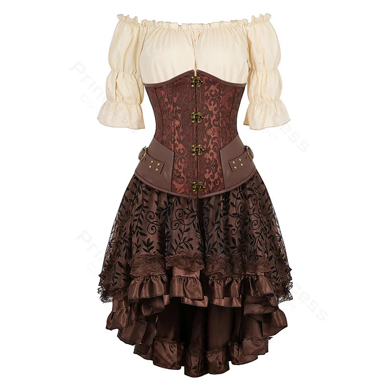 Steampunk Corset Dress Brown Pirate Costume Blouse Shoulder Off Underbust Corset Plus Size Cosplay Pirate Dresses for Women