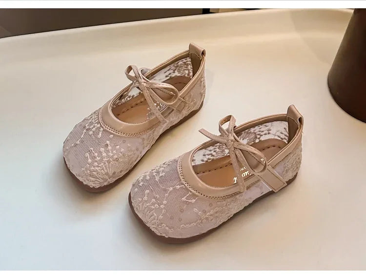 Childrens Casual Shoes with Bow Round Toe Non Slip Soft Sole Breathable 2025 New Summer Outdoor Mesh Girls Flat Shoes