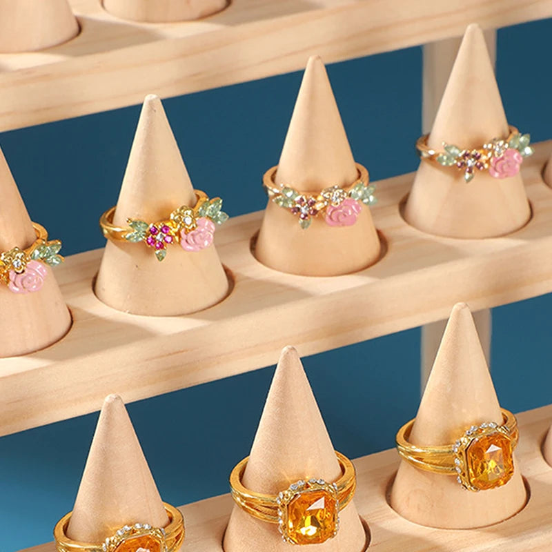 Cone Ring Display Holder Jewelry Display Stand Ring Showcase Storage Tray For Counter Shows Wooden Base Shop Decor