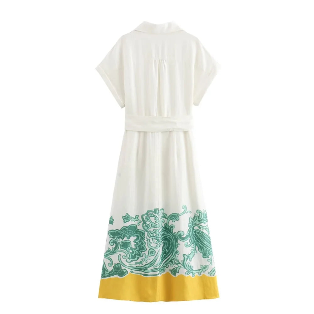 2024ZAR4 Summer New Women's European and American Style Retro Pattern Printed Shirt Style Dress Long Dress