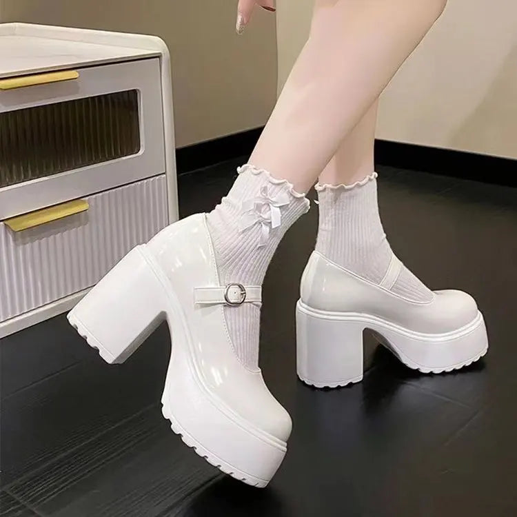 Women's versatile thick heeled shoes Fashion Buckle Pumps Mary Jane Shoes ladies White Lolita Shoe retro leather footwear Mujer
