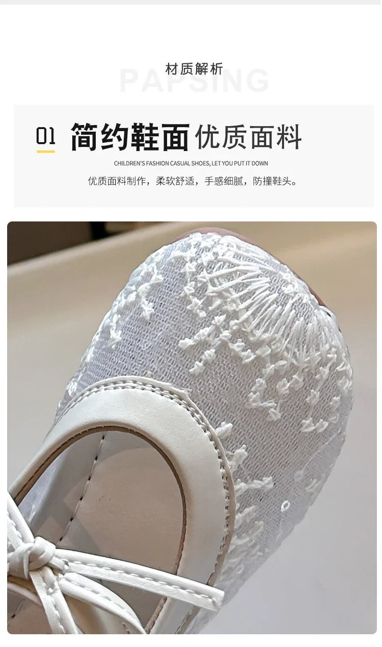 Childrens Casual Shoes with Bow Round Toe Non Slip Soft Sole Breathable 2025 New Summer Outdoor Mesh Girls Flat Shoes