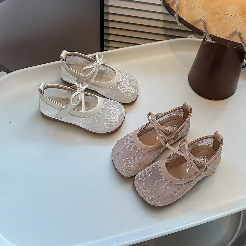 Childrens Casual Shoes with Bow Round Toe Non Slip Soft Sole Breathable 2025 New Summer Outdoor Mesh Girls Flat Shoes