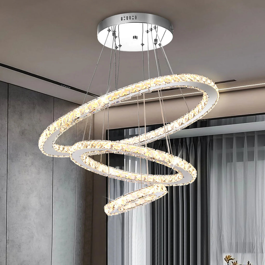 60W Modern Crystal LED ceiling lamp, 3 rings LED pendant light 60+40+20 cm,  Dimmable with remote control, Height adjustable